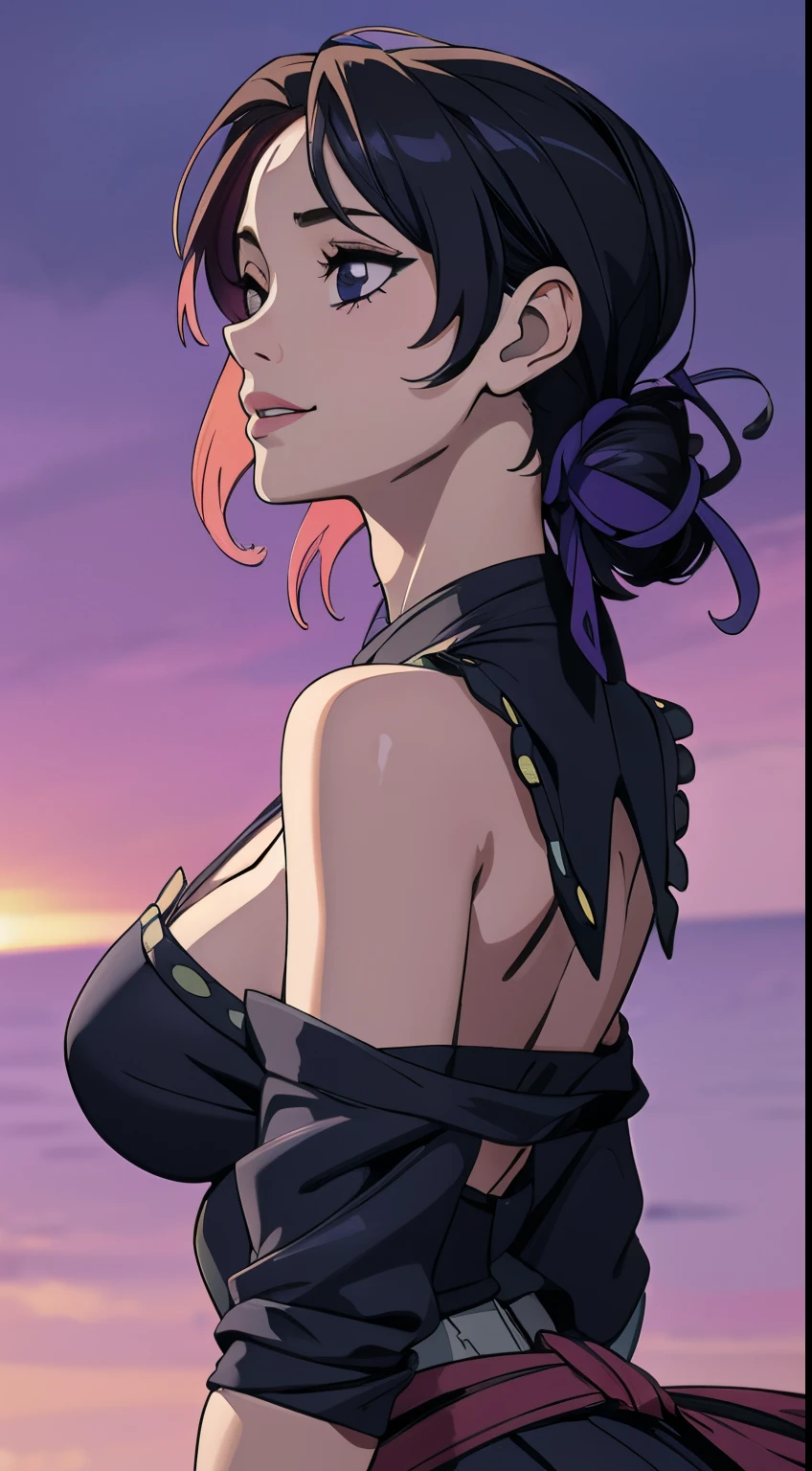 Ultra-realistic 8kCG,tmasterpiece,((hyper detailed background,delicate patterns,intricate-detail)),best qualtiy,extremely detailed man,extremely detailed eye and face,extremely detailed eye,kochou shinobu,O cabelo multicolorido,No bangs,Hair intake,Black eye,Cap,Black shirt,Black panties,(The bikini),butterflys,Strip Strip,(Trepical Garden:1.2),purple flower,Mostly cloudy sky,rays of sunshine,Tyndall effect,gradient_Heaven,faceeautiful sky,Saber on the waist,enchanting posture,(large full breasts:1.3),(cleaveage:1.3),(Off-the-shoulder costumes:1.5),ssmile, Appearance from behind, butt sticks out