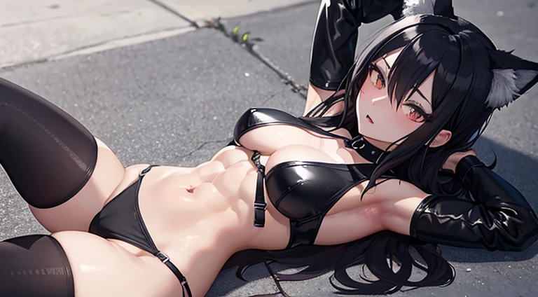 Goth fox girl on the ground with her vagina out , 6 pack abs , scared expression , blushing