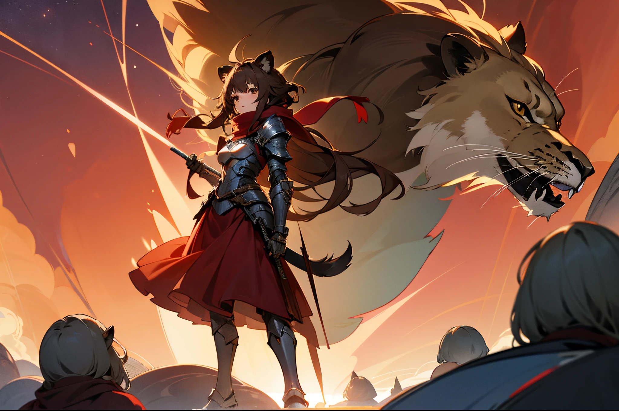 teens girl，brown  hair，lion ears，Lion's tail，long  skirt，bit girl，silver armor，There are red cracks on the armor，incredulous，Red scarf，ln the forest，starrysky，Futuristic，Lori huge breasts cleavage，Leo