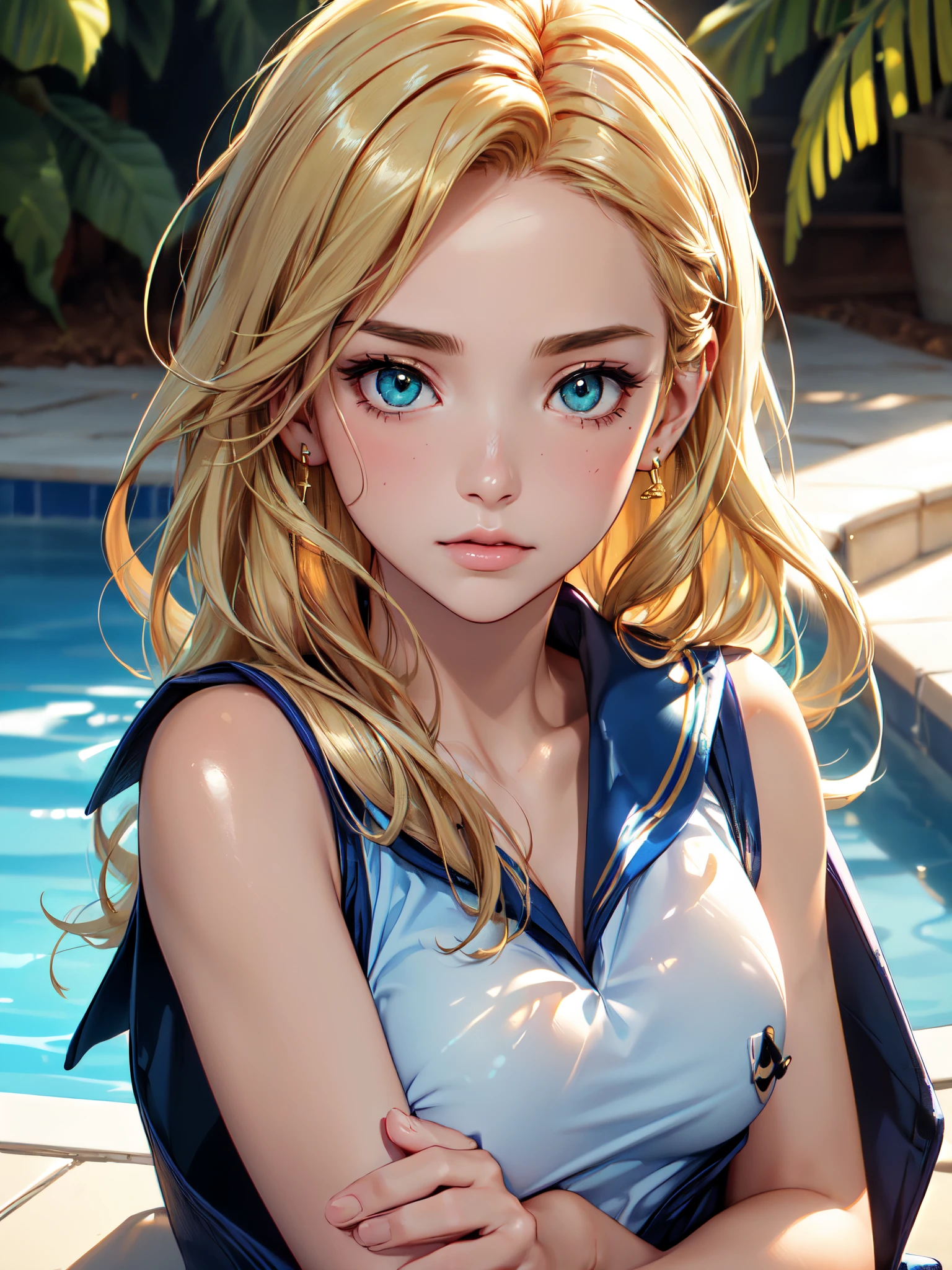 masutepiece, Best Quality, High quality, High Definition, high quality texture, high quality shadow, high detailing, Beautiful detailed, Finely detailed, extremely details CG, Detailed texture, realistic representation of face, Realistic, Colorful, Delicate, Cinematic Light, side lights, Lens Flare, Ray tracing, Sharp Focus, (Intricate details), (Detailed beautiful delicate face, Detailed beautiful delicate eyes, A perfectly proportioned face, High detailed skin, Detailed skin, best ratio four finger and one thumb, upperbody shot, (((Glowing white shiny skin))), (Large breasts), (cleavage), ((Smooth texture, Realistic texture, Photorealistic)), (Detailed beautiful eyes, Beautiful eyelashes, Green eyes), (((green eyes))), (golden semi-long hair), (((golden hair))), 1 girl, at poolside, (((blue sailor shirt, Sleeveless, Open front))), (Beautiful face, Cute face, Detailed face), Sunny, Perfect Eyes Eyes