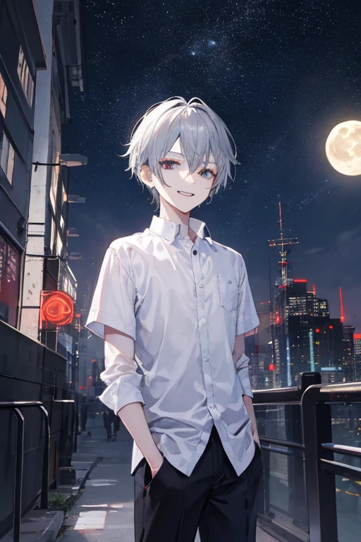 8K分辨率,12 year old boy,bust,cyber punk perssonage,embarressed,Toothy smile,mid hair,silber hair,white  shirt,are standing,the night,As estrelas,themoon