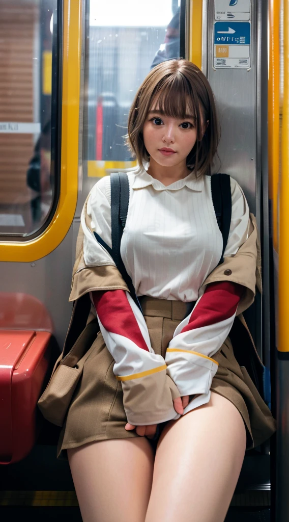 「(masutepiece, High quality, Ultra High Quality, 4K)light brown hair、28 year old Japan girl、Uniform skirt、Emphasis on the thighs、white thighhig,Soft thighs、Glossy thighs、Sitting on the train、Face-to-face angle,(Angle from below),Sitting in a train seat,Sitting at the front，Zoom camera in the crotch,Feet are on the floor of the train,full body Esbian,Looking down and sleepy,Watching the viewer only」, Best Quality, Ultra high definition, (Photorealistic:1.4),, High resolution, detail, Raw photo, Sharp Re, Nikon D850 Film Stock Photo by Lee Jefferies 4 Kodak Portra 400 Camera F1.6 lens rich colors hyper realistic lively textures dramatic lighting unreal engine artstation trends cinestir 800,