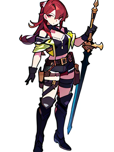 (((8k,Best Quality)), Masterpiece, girl, holding sword, gloves, looking at viewer, variety of hairstyles, solo, white cloth, full body, white background, belt, cutoffs,