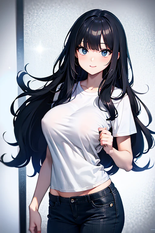 black hair, white shirt, Jeans, busty, buxom, curvy, voluptuous