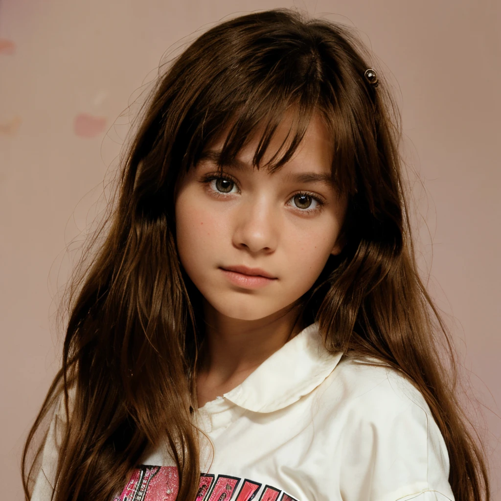 90's 10 year old girl , long hair , brown hair , looking at viewer, 90's clothes