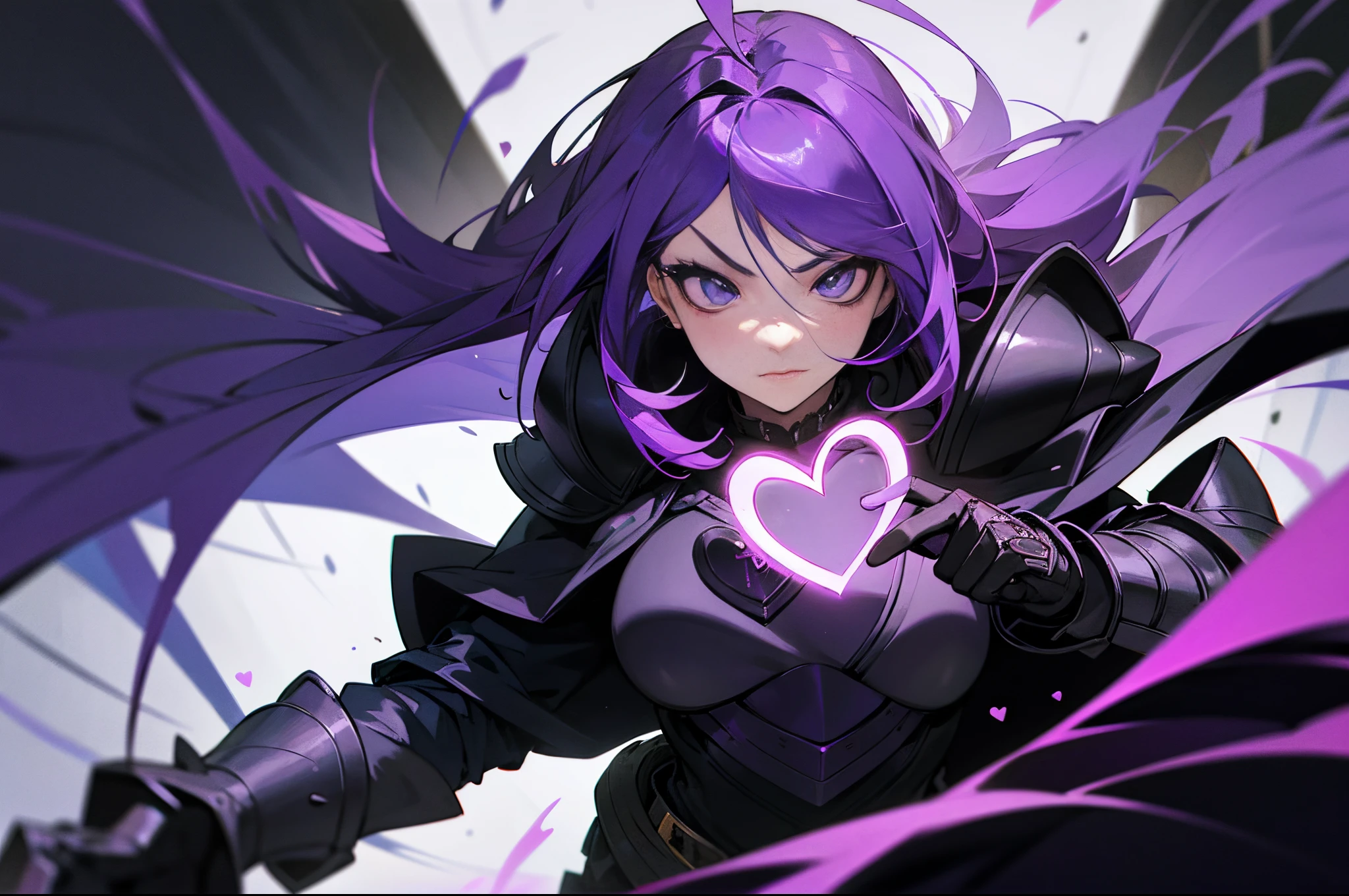teens girl,Purple colored hair,Black armor,Black cape,long whitr hair,thief,Straight black gloves,purple eyeshadow,incredulous,There is a heart on the face