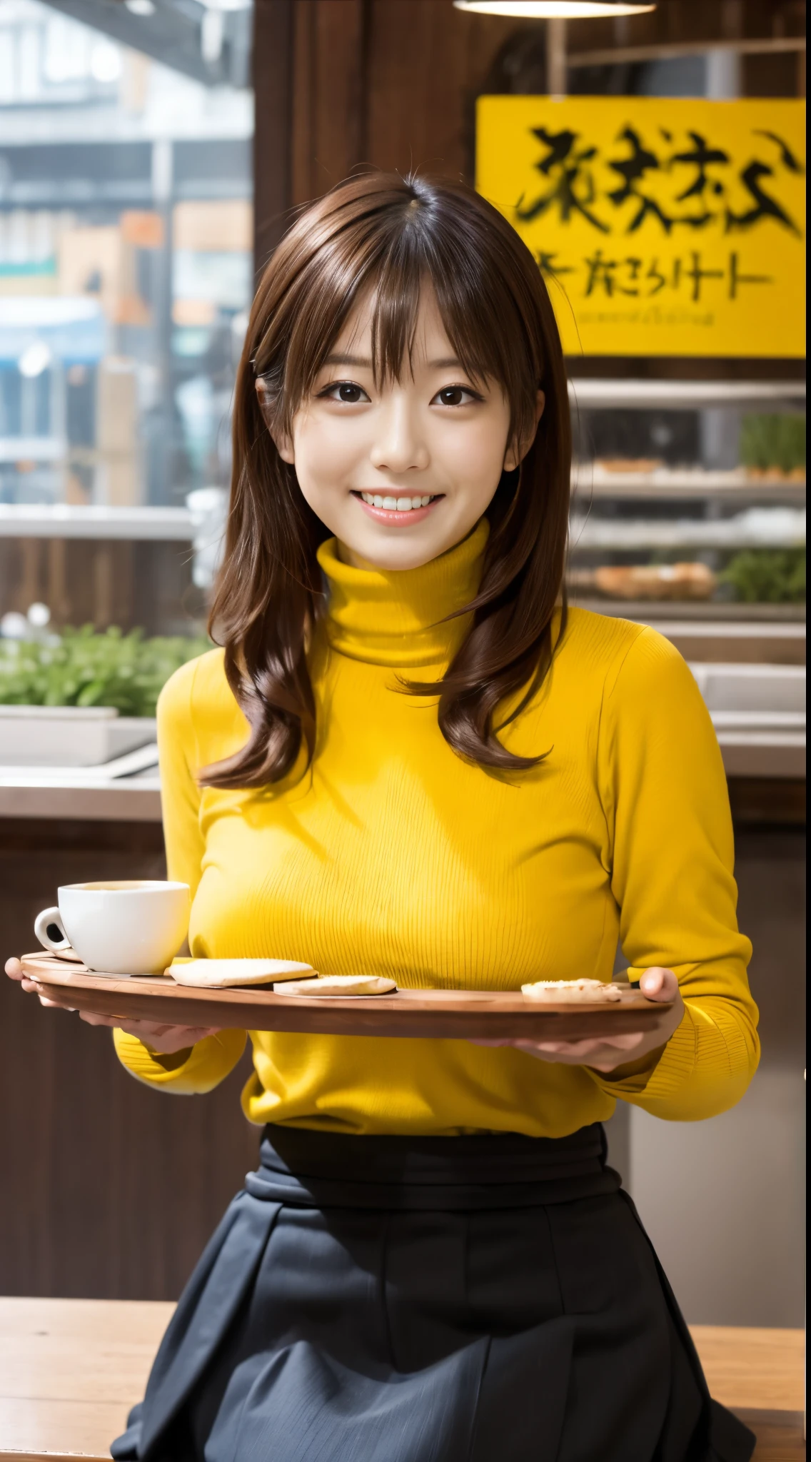 (1girl, pretty, Japanese), (smile), (turtleneck sweater), (breasts on tray, round tray, sliver tray), mini-skirt, cafe, bangs,