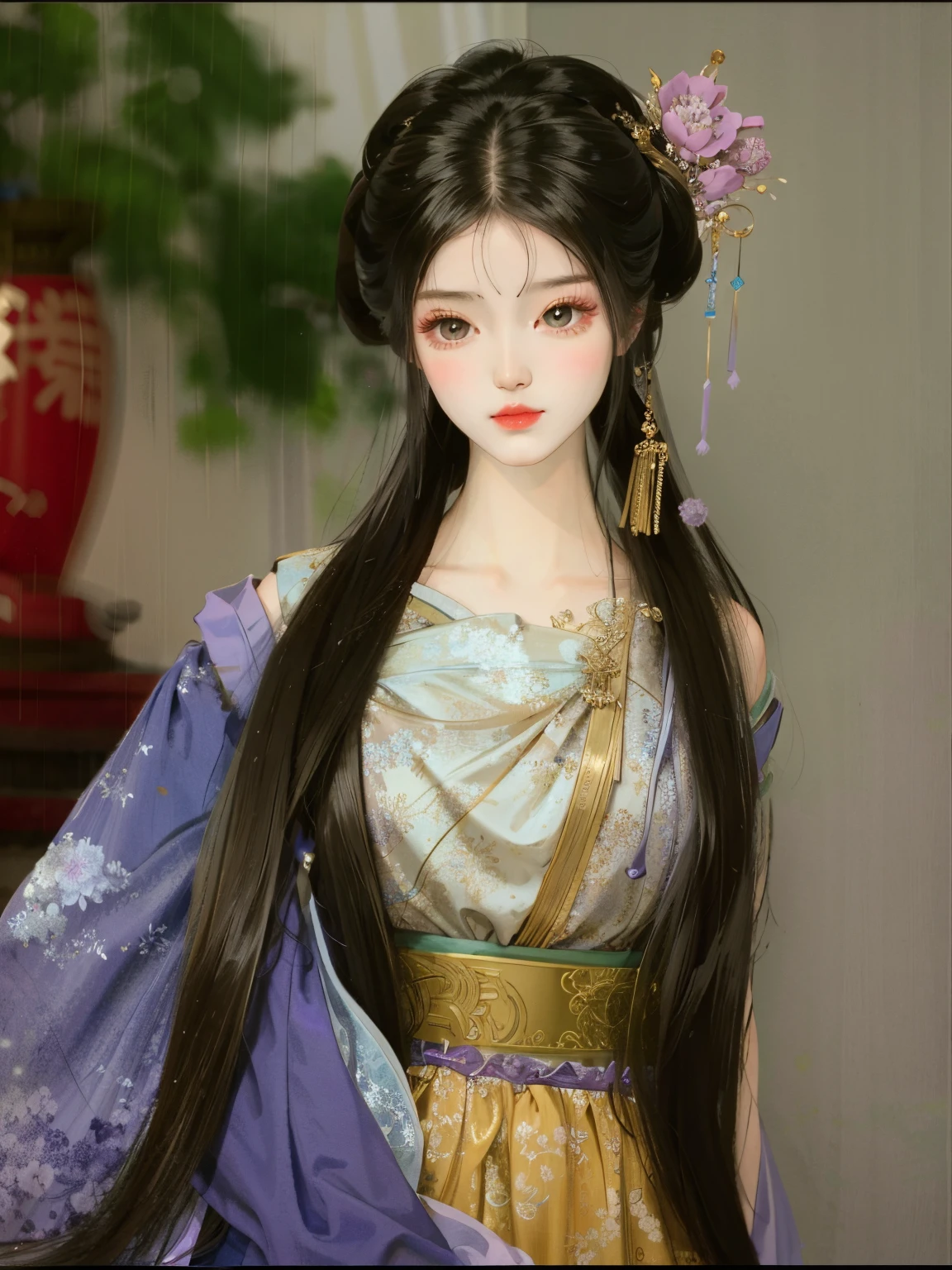 A long hair、Close-up of doll in purple dress, 宮 ， A girl in Hanfu, Princesa chinesa antiga, Hanfu, One shoulder，Expose the collarbone，chinese empress, Wearing ancient Chinese clothes, A masterpiece by Guwiz, Match with ancient Chinese costumes, Inspired by Uemura Pine Garden, heise jinyao, Detailed picture