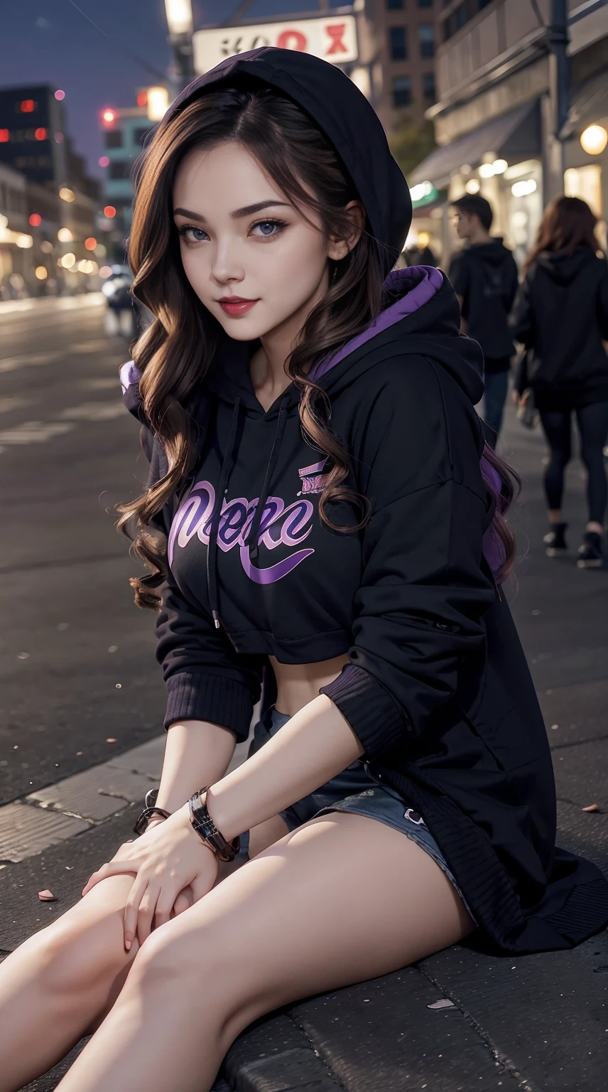 a 25yo woman、Hair color is a gradation of brunette and purple、Eye color is blue、Long hair is wavy、setting the hairstyle、wearing eye shadow and lipstick、accessories on wrist、Slender but well-proportioned muscular body、Wearing a hoodie and covering the hood、I have my hand in my hoodie pocket.、Low-rise8I'm wearing cropped leggings、a smile、Sitting on the ground in the downtown area at night