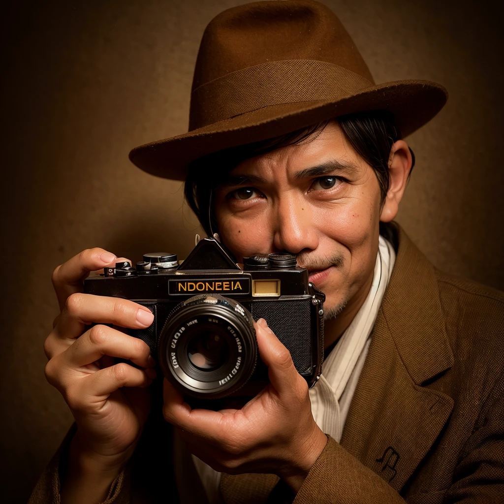 arafed man in a hat holding a camera and smiling, vintage photography, retro photography, style of ade santora, photography portrait, profesional photography, nostalgic photography, old photography, old style photo, profesional photo, old photo style, inspired by Rudy Siswanto, photo portrait, professional photographer, traditional photography, sepia photography, old sepia photography