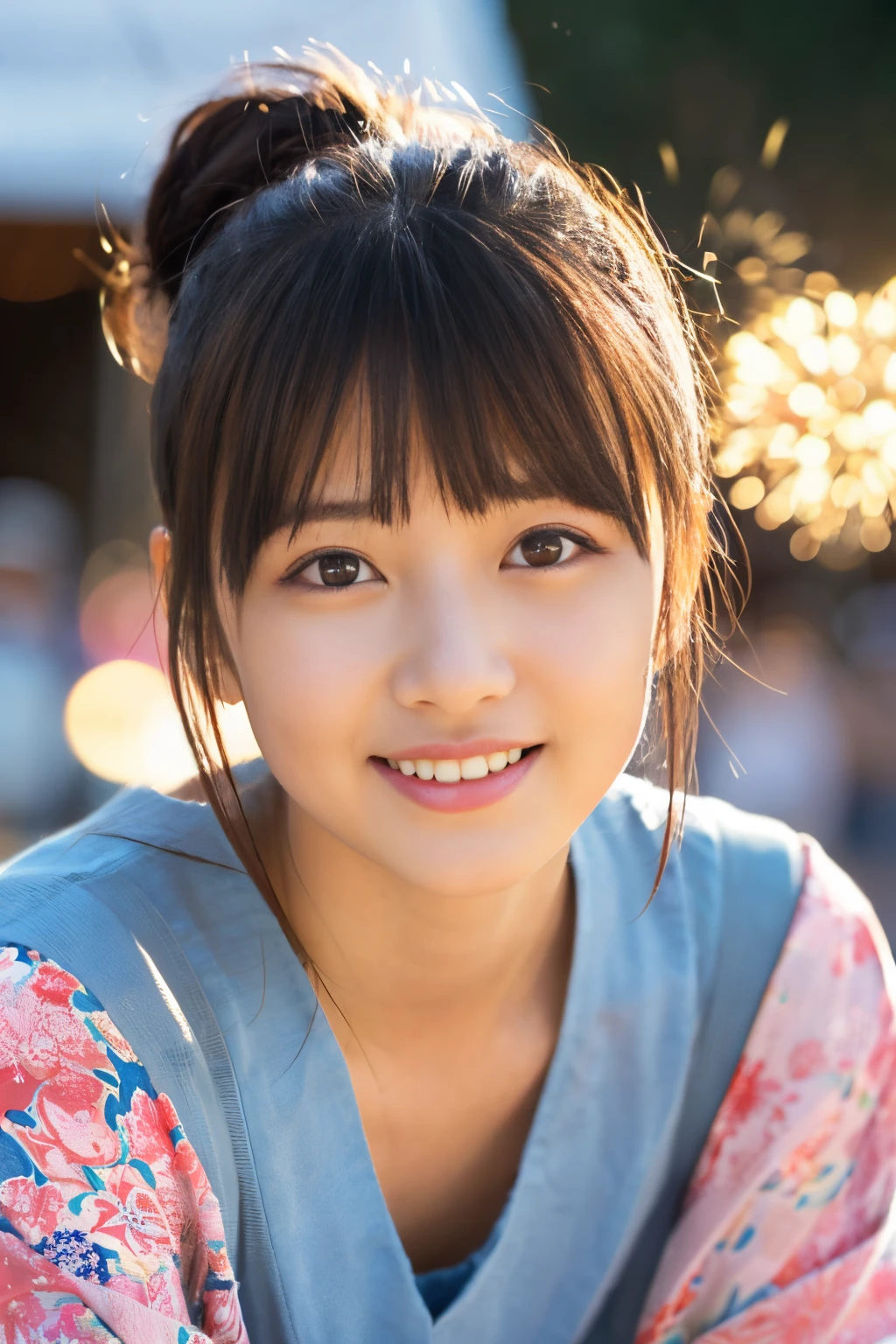 ((Show face only、Close-up of face、no-makeup、Japanese Yukata、Fireworks Festival、Brobby background、Summer evening、skyrocket、hair in bun))、(realisitic、Photorealsitic、ultra-detailliert、Highest Details Skins、top-quality、masterpiece、超A high resolution)、Cute Japan Woman、22year old、1 girl in、I have bangs、二重まぶた、drooing eyes、Large black eyes、Japanese style face、ssmile、Charming、purity、Straight face、double tooth、View here、Realistic skin type、Shooting head-on