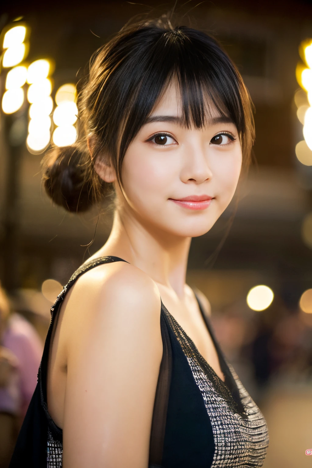 ((Show face only、Close-up of face、no-makeup、Japanese Yukata、Fireworks Festival、Brobby background、Summer evening、skyrocket、hair in bun))、(realisitic、Photorealsitic、ultra-detailliert、Highest Details Skins、top-quality、masterpiece、超A high resolution)、Cute Japan Woman、22year old、1 girl in、I have bangs、二重まぶた、drooing eyes、Large black eyes、Japanese style face、ssmile、Charming、purity、Straight face、double tooth、View here、Realistic skin type、Shooting head-on