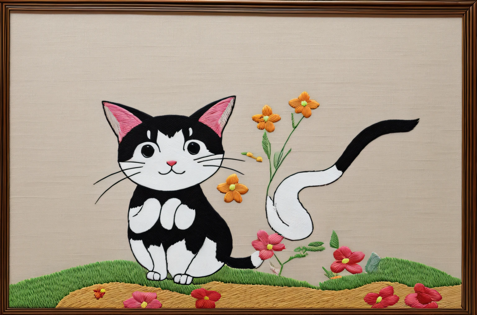 the canvas is embroidered in satin stitch with the image of a cute cartoon cat, standing on its hind legs.