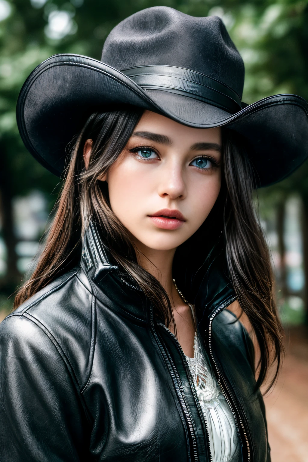 Sexy (black riders jacket:1.1), (masterpiece, best quality, pretty girl, beautiful face, 8k, raw photo, photorealistic, absurdres:1.2), s, cowboy shot, dutch angle, facelight, film grain, chromatic aberration, highres, ultra detailed, finely detail, light blue frilled lace dress, detailed skin and eyes and face, sharp pupils, realistic pupils, sharp focus, street