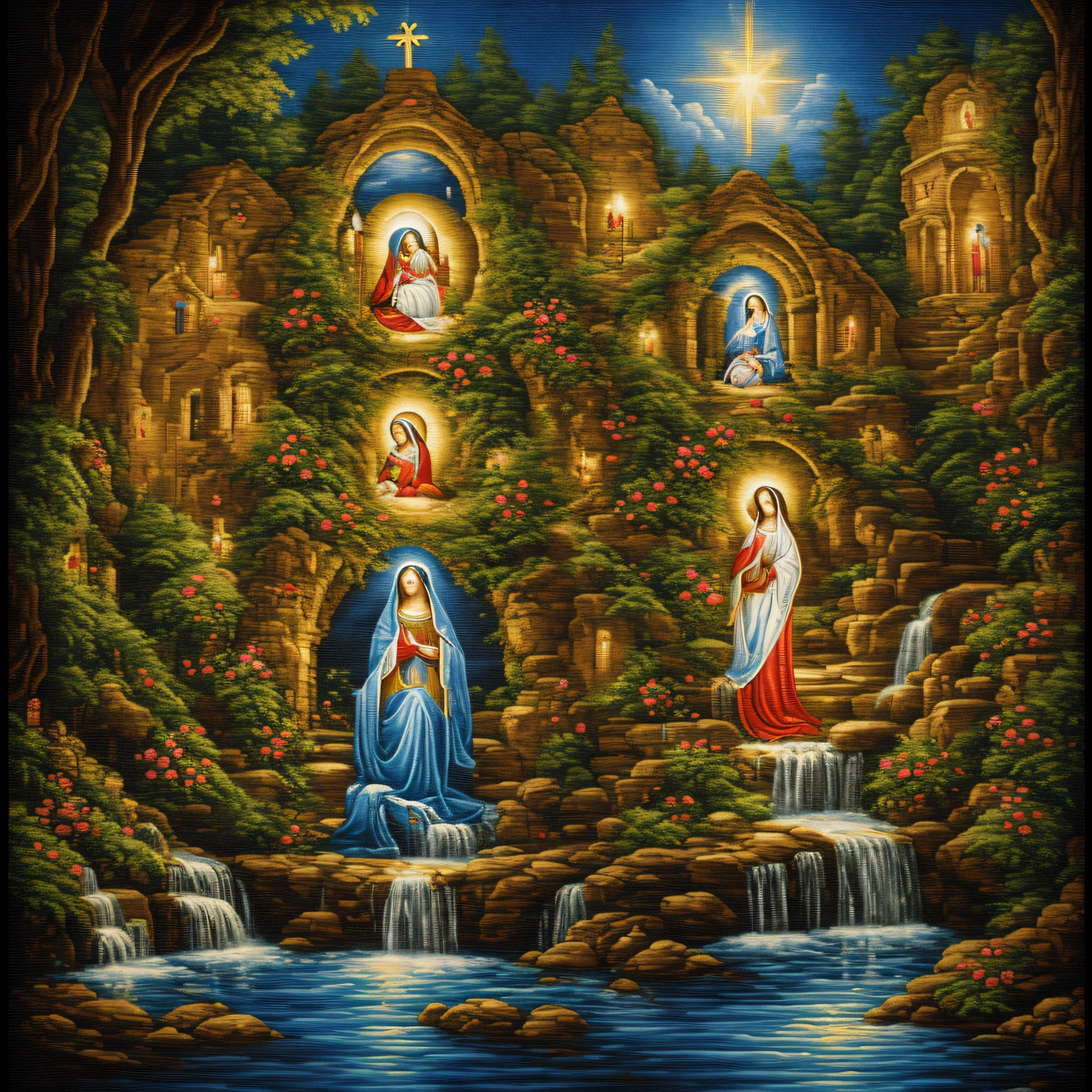 painting cross stitch of the Virgin Mary, next to the Virgin Mary there is a cradle with a baby, dark background of the grotto, cross stitch style