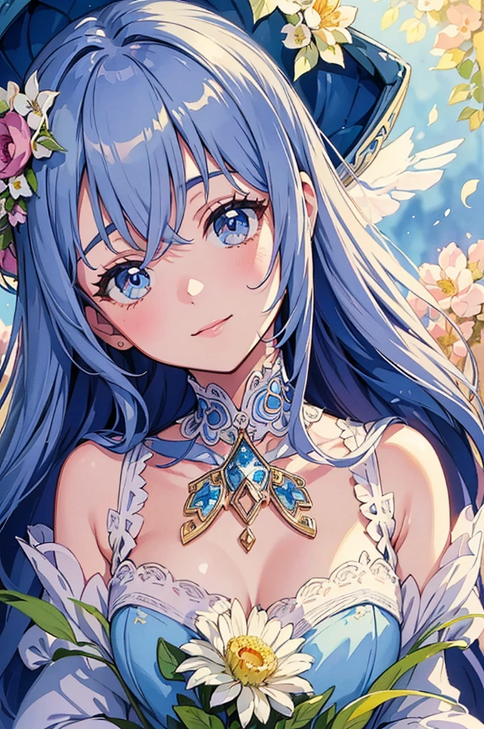 From diagonally above, a cute, gentle smile, a cute girl holding a bouquet of flowers so beautiful that you can't see her hands, beautiful eyes, rich watercolor painting, colorful, (delicate details, complex composition: 1.5) (Very detailed complex configuration: 1.5),