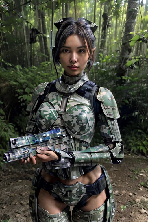 best quality, (sci-fi:1.3), masterpiece, best aesthetic, (ultra high res, finely detailed, 16K:1.4), (correct :1.5), pov, outdoor, rainforest, 1 girl, solo, (female soldier:1.2), (cyborg:1.3), cowboy shot, looking at viewer, black hair, ((single hair bun:1.1)), detailed skin, ((tan:1.2)), dark eyes, beautiful nose, beautiful lips, expressionless, (slender:1.4), (beautiful breast:1.3), ((mechanized body, camouflaged armor:1.4)), ((holding 1 blaster rifle:1.5)), ((firing the blaster at enemy position:1.3))