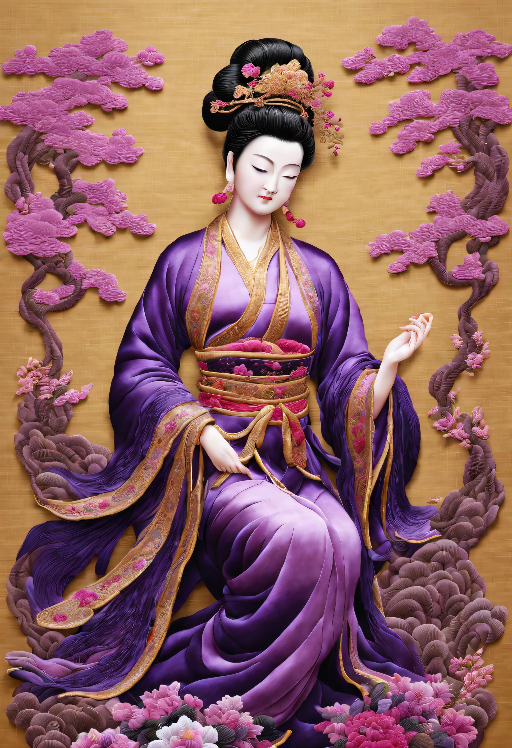 ( Embroidery works)), (Suzhou embroidered purple robe Guanyin statue), standing full-body, embroidery, Kesi silk craft,Embroidery works, The center is purple Guanyin，Surrounded by realistic embroidered flowers,  line sleek, bird's eyes view, gold background, Realistic embroidery details, k hd,Holographic rectangular glass frame, Niji 5 style expression,k hd，realistic embroidery，
Guanyin in purple looks peaceful, Her eyes are slightly closed, It was as if lost in thought.，Her face is round, Her lines are smooth, Full of compassion and wisdom, And the corners of his mouth were slightly raised, show a calm smile, People feel a sense of tranquility and comfort, Slender hands clasped together，As if she could drive away all the suffering in the world, Symbolizes love and blessings to the world，Every stitch embodies the hard work and wisdom of the craftsmen.., Her clothes are gorgeous and solemn, The color is mainly dark purple, Her robe is embroidered with exquisite flowers and auspicious patterns, Sparkling，These patterns complement the main color of purple, The whole picture is more vivid and three-dimensional, Embroidery、The work of Guanyin in Purple Clothes gives people a sense of solemnity、sacred feeling