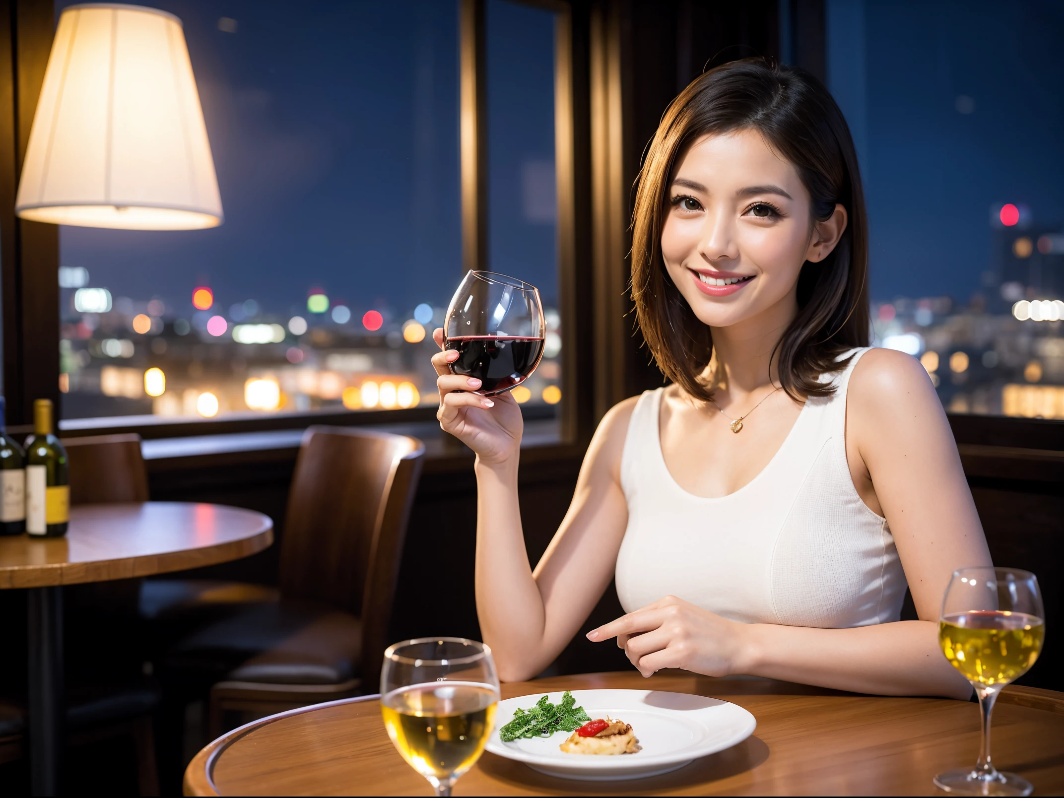 (64k uhd, nffsw, of the highest quality, masutepiece: 1.2), (Realistic, Photorealistic: 1.37), Pretty Woman 1, (Slim Face), (Slim body), (Brown hair), (short-cut), cheeks blush a little, (40 years old), 38 years, Solo, A beautiful and detailed night view spreads out outside the window........, restaurant, Sitting in a wine glass, At night, In a prominent place (from waist up) NovaFrogStyle, actress, Model, waist-up, white wine, slim, wine glasses, Super clean night view, Wine glass placed in the middle, Happy smile, (Smile: 1.15), Beautiful fine eyes, Upper body, Bust Japan Up, Night, Short, Short, actress, Model, waist-up, white wine, slim, wine glasses, Super clean night view, Wine glass placed in the middle, Happy smile,
