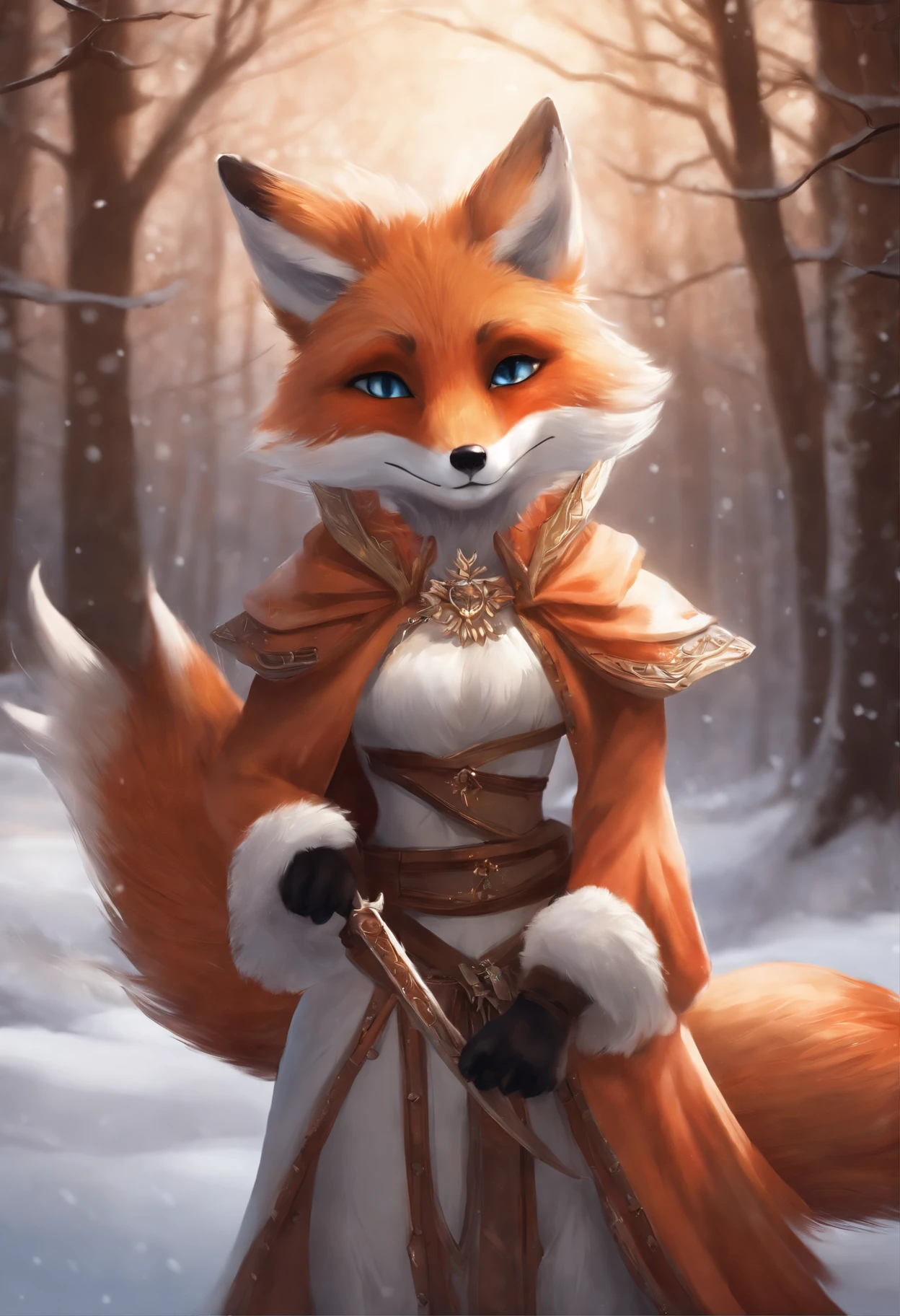 a fox with a sword stands in the snow, a beautiful fox lady, portrait of an anthro fox, art of silverfox, an anthro fox, furry fantasy art, anthro art, very very beautiful furry art, female fox, an anthropomorphic fox, an anthropomorphic fox, Armor dress, Inspired by Kitsune, fox girl