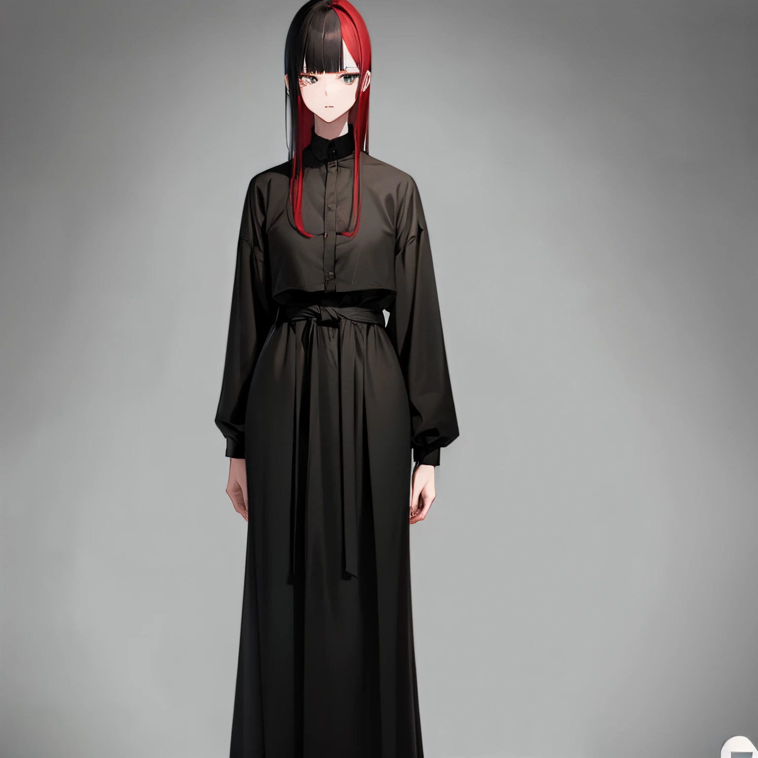 Tall slender girl, with hair dyed half black hair, half red hair