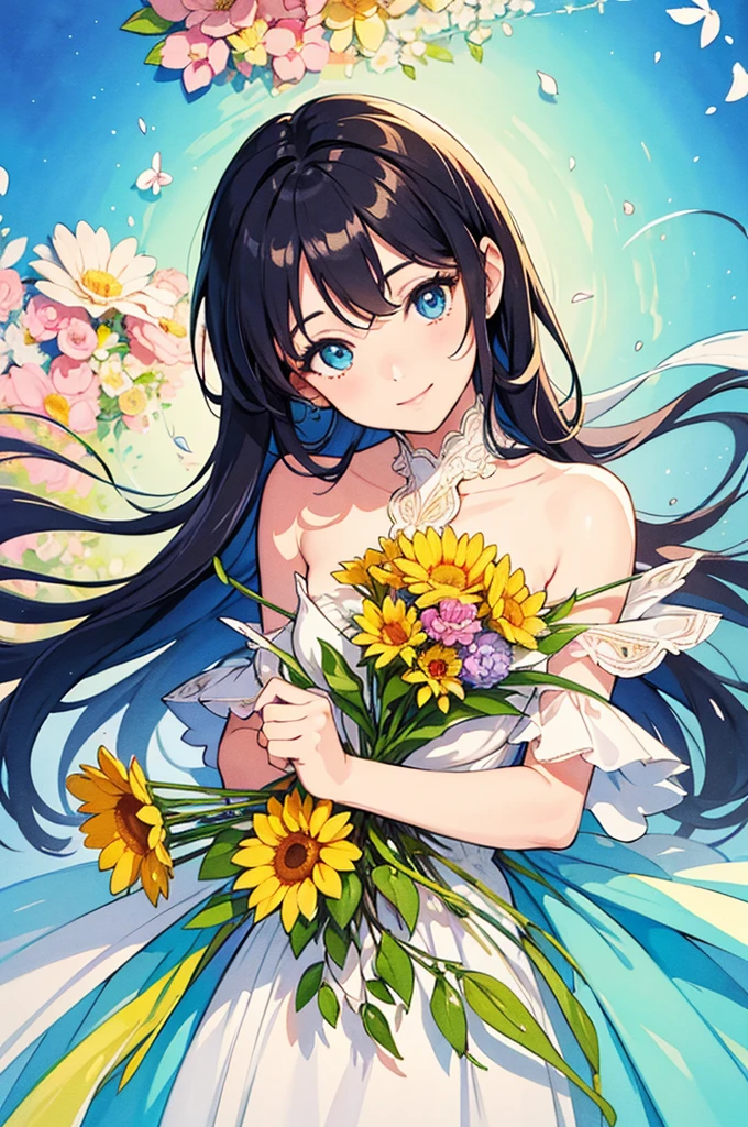 Colorful, diagonally from above, cute and gentle smile, pretty girl holding a beautiful bouquet of flowers that you can't see her hands, beautiful eyes, rich watercolor painting, (Delicate details, complex composition: 1.5) (Very detailed) Complex composition : 1.5),