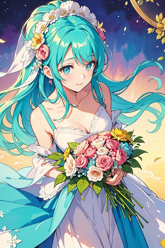 Colorful, diagonally from above, cute and gentle smile, pretty girl holding a beautiful bouquet of flowers that you can't see her hands, beautiful eyes, rich watercolor painting, (Delicate details, complex composition: 1.5) (Very detailed) Complex composition : 1.5),