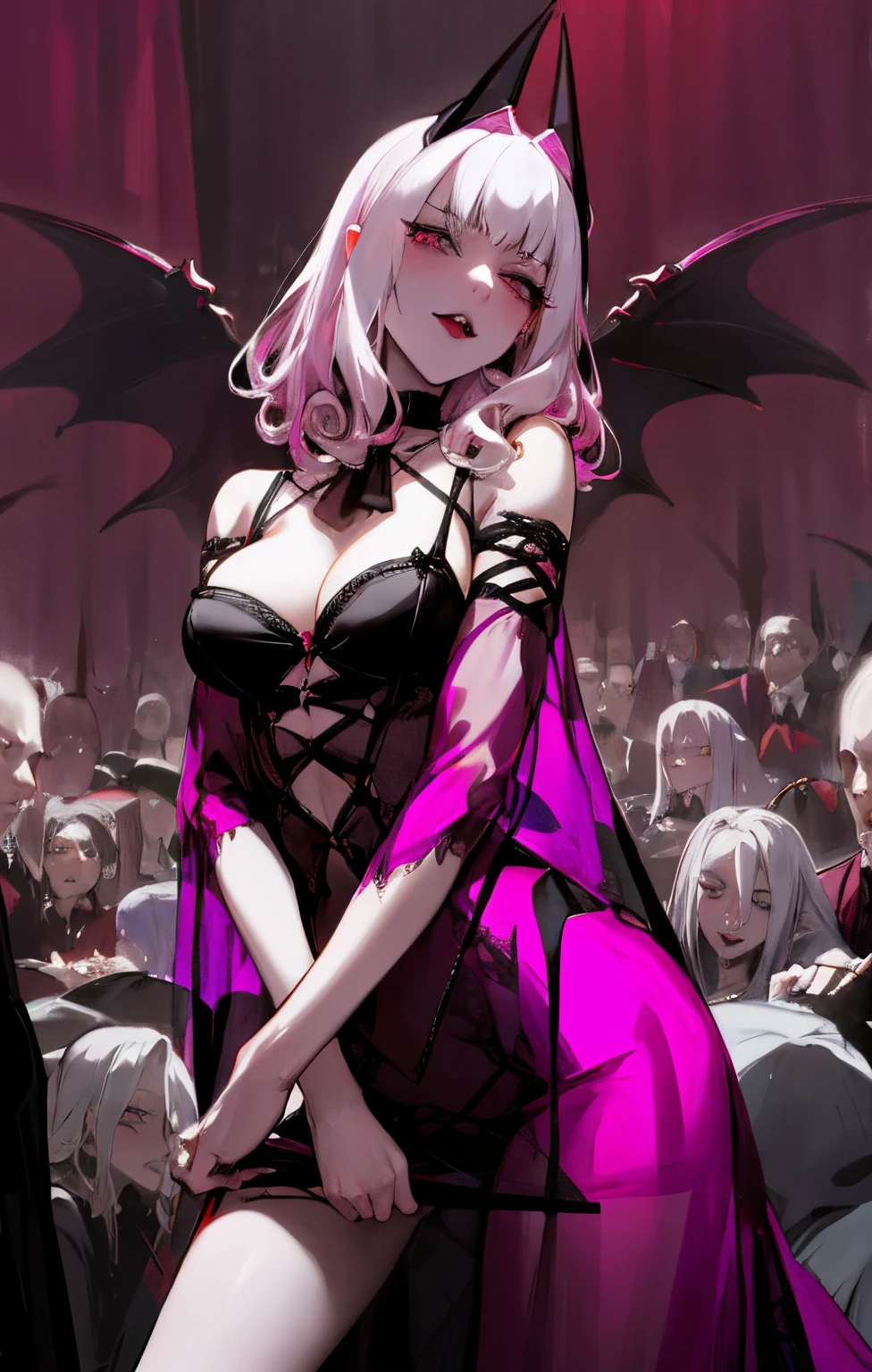 vampire countess Carmilla hypnotized to be submissive, see-through nightgown, pink hypnotic spirals, in a crowd