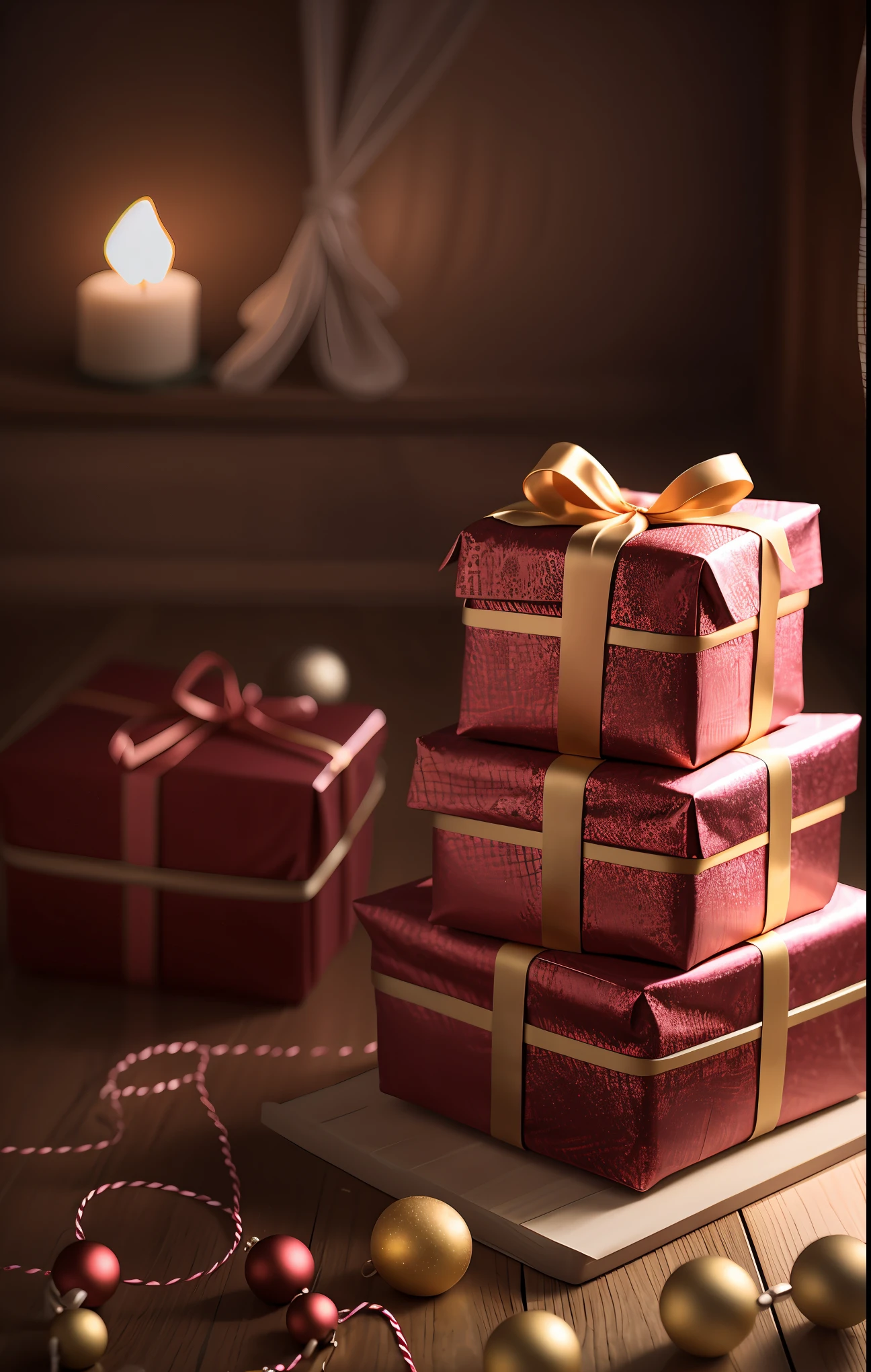 (best quality,4k,8k,highres,masterpiece:1.2),ultra-detailed,realistic,gifts,table,Christmas tree,decorations,wrapping ,bows,ribbon,presents,holiday spirit,vibrant colors,warm lighting,cozy atmosphere,toys,cards,candles,snowflakes,joyful,celebration,exquisite details,exciting surprises,shiny ornaments,sparkling tinsel,beautifully wrapped,excited children,anticipation,festive mood,magical ambiance,delightful moment,wonderful memories,family gathering,cheerful faces,Christmas magic,extravagant,abundance of presents,HDR,UHD,studio lighting,ultra-fine painting,sharp focus,physically-based rendering,professional,vivid colors,bokeh.