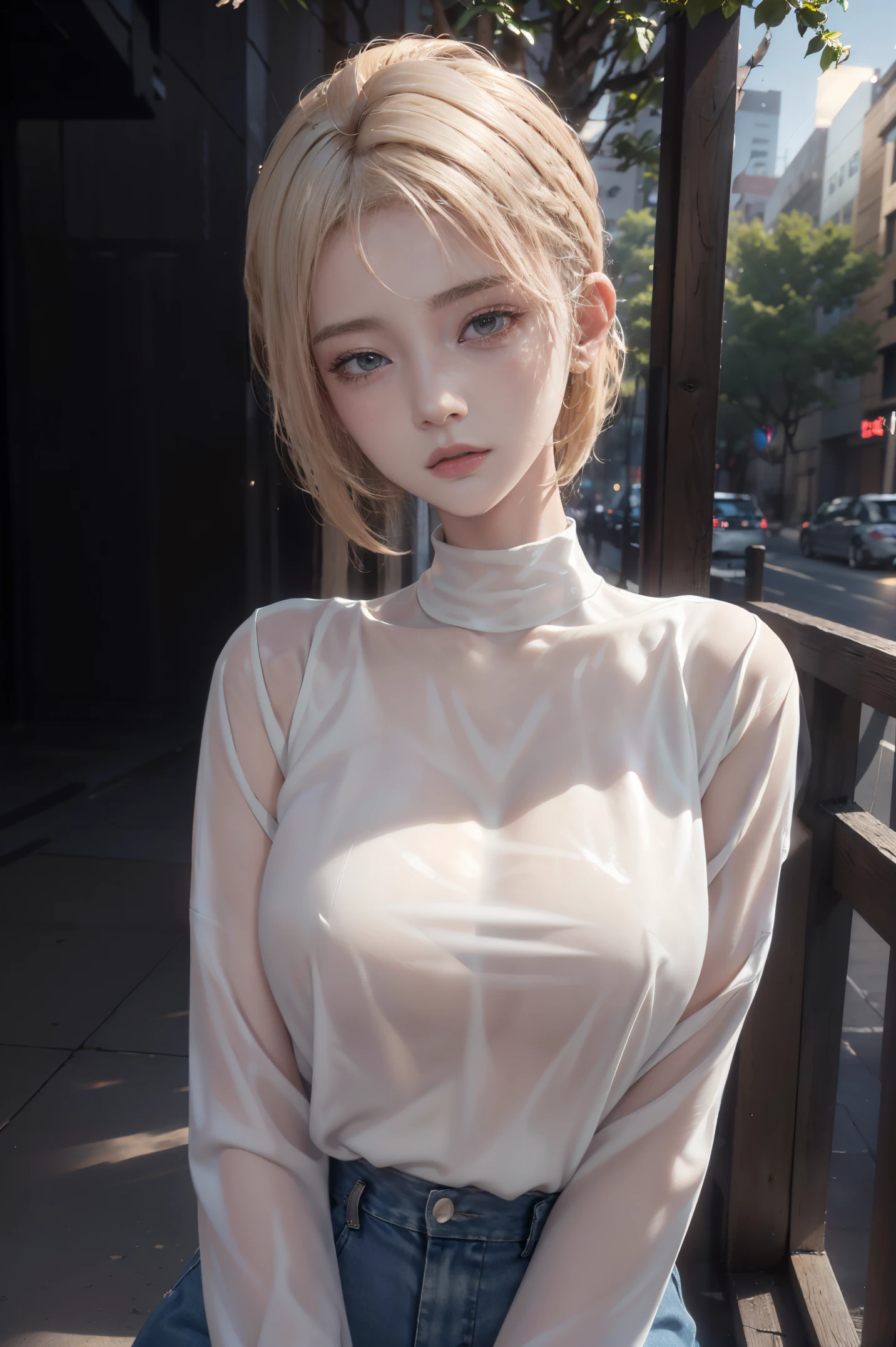 a 20 yo woman, blonde, (hi-top fade:1.3), dark theme, soothing tones, muted colors, high contrast, (natural skin texture, hyperrealism, soft light, sharp)