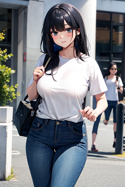 black hair, white shirt, Jeans, busty, buxom, curvy, voluptuous