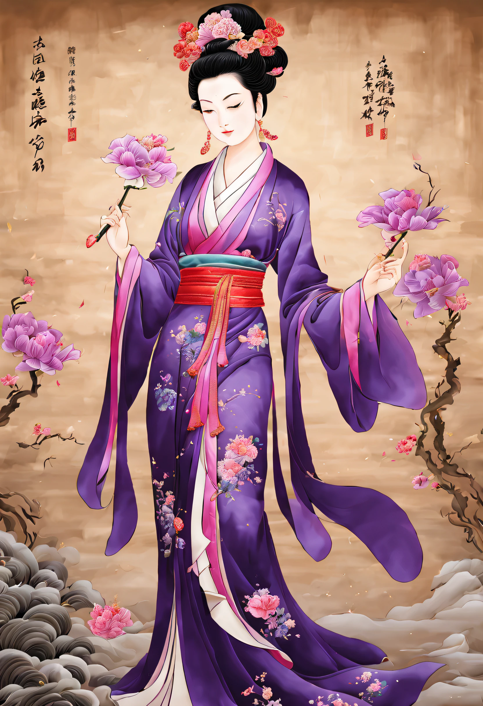 ( Embroidery works), (Suzhou embroidered purple robe Guanyin statue), (standing full-body), embroidery, Kesi silk craft,Embroidery works, The center is Ziguanyin，Surrounded by realistic embroidered flowers, Rectangular glass frame combination, line sleek, bird's eyes view, gold background, Realistic embroidery details, k hd, - Niji 5 style expression, Guanyin in purple looks peaceful and peaceful, Her eyes are slightly closed, It was as if lost in thought，Her face is round, Her lines are smooth, Full of compassion and wisdom, And the corners of his mouth were slightly raised, show a calm smile, People feel a sense of tranquility and comfort,Put your slender hands on your chest,  Every stitch embodies the hard work and wisdom of the craftsmen.., , The color is mainly dark purple, The robe is embroidered with exquisite glittering patterns，Realistic colorful flowers and auspicious patterns,Her clothes are gorgeous and solemn，Show her nobility and mystery，These patterns complement the main color of purple, The whole picture is more vivid and three-dimensional, The entire Suzhou embroidery work of Guanyin in Purple Clothes gives people a solemn and sacred feeling.., Exquisite craftsmanship，Vivid image，attention-grabbing.