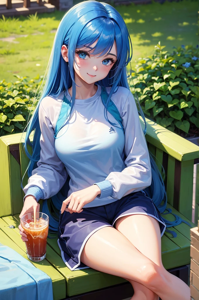 (masterpiece, best quality:1.3), (8k wallpaper), (detailed beautiful face and eyes), (detailed illustration), (super fine illustration), (vibrant colors), (professional lighting), vivacious young woman (long blue hair)in sportswear enjoys a refreshing drink, athleticism and casual elegance. comfortable sportswear, carefree atmosphere, active lifestyle. In a relaxed atmosphere (casual setting, lively setting), she sips her drink with a radiant smile,