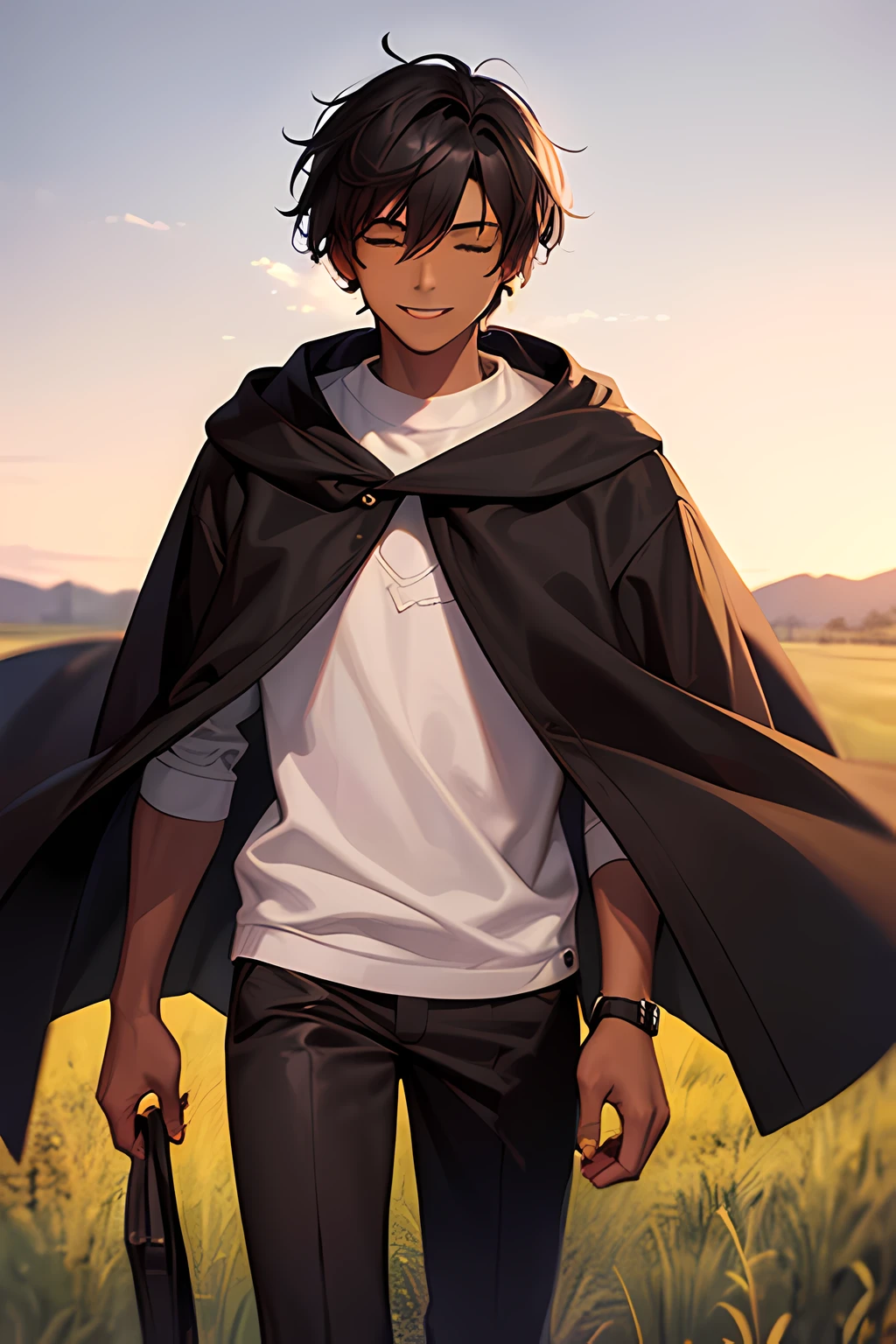 25 year old dark skinned male in a dark cloak walking in a field, side-ways view, smiling, eyes closed