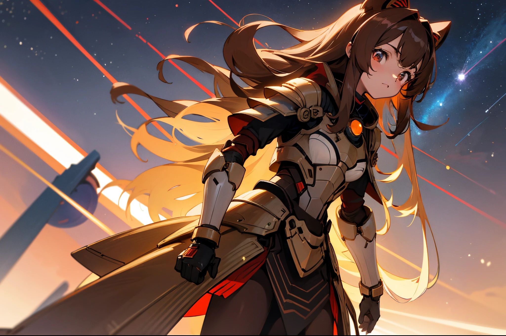 brown hair,long whitr hair,hair straight,Brown armor,red striped,Futuristic,teens girl,Tanuki earalance stand,increduloulue color eyes,starrysky,combats