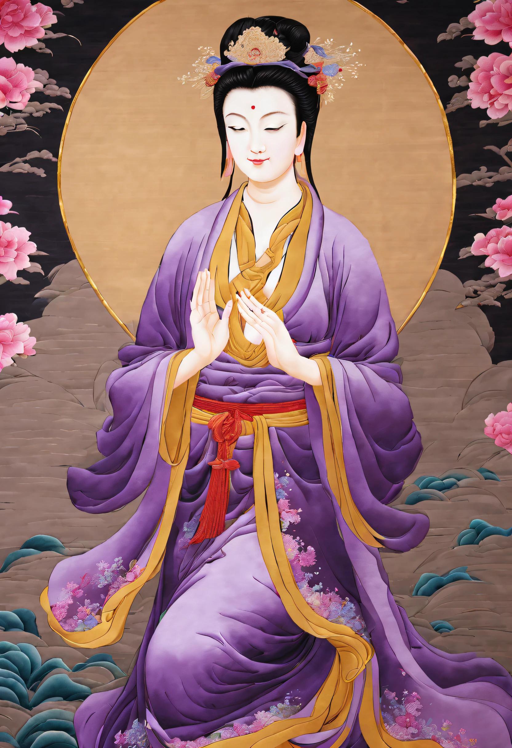 ( Embroidery works)), (Suzhou embroidered purple robe Guanyin statue), standing full-body, embroidery, Kesi silk craft,Embroidery works, The center is Ziguanyin，Surrounded by realistic embroidered flowers, Rectangular glass frame combination, line sleek, bird's eyes view, gold background, Realistic embroidery details, k hd, - Niji 5 style expression,
Avalokitesvara&#39;s expression is peaceful and peaceful, Her eyes are slightly closed, It was as if lost in thought. Her face is round, Her lines are smooth, Full of compassion and wisdom, And the corners of his mouth were slightly raised, show a calm smile, People feel a sense of tranquility and comfort, Avalokitesvara&#39;sFingers are slender and strong, Expose your hands to your chest, As if she could drive away all the suffering in the world, Symbolizes love and blessings to the world，Every stitch embodies the hard work and wisdom of the craftsmen...., Her clothes are gorgeous and solemn, The color is mainly dark purple, Show her nobility and mystery. Her robe is embroidered with exquisite flowers and auspicious patterns, Sparkling，realistically.，These patterns complement the main color of purple, The whole picture is more vivid and three-dimensional, The entire Suzhou embroidery work of Guanyin in Purple Clothes gives people a solemn and sacred feeling...