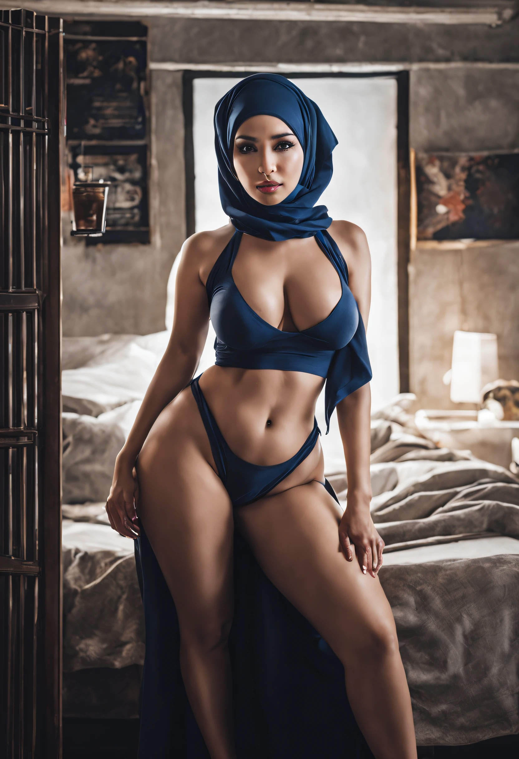 A scifi princess, Malaysian (age 40), cute face, dark eyes, wearing a exquisite hijab with no hair showing, enormous swollen breasts with a lot of sag and droop, a little fat but with an hourglass figure, big hips, shaved pussy. She is in a scifi bedroom with many sex aids and a comfortable bed. She is posing seductively. Spread legs