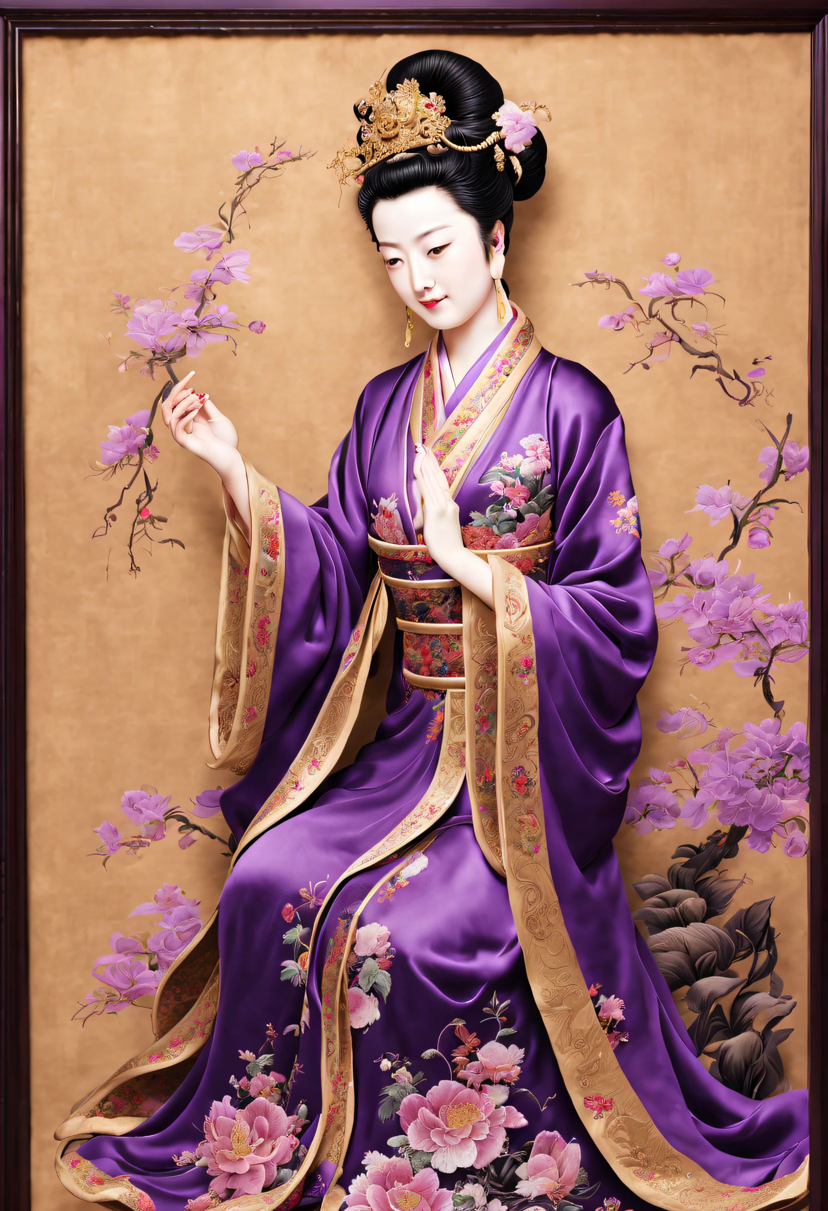 ( Embroidery works), (Suzhou embroidered purple robe Guanyin statue), (standing full-body), embroidery, Kesi silk craft,Embroidery works, The center is Ziguanyin,Surrounded by realistic embroidered flowers, Rectangular glass frame combination, line sleek, bird's eyes view, gold background, Realistic embroidery details, k hd, - Niji 5 style expression, Guanyin in purple looks peaceful and peaceful, Her eyes are slightly closed, It was as if lost in thought,Her face is round, Her lines are smooth, Full of compassion and wisdom, And the corners of his mouth were slightly raised, show a calm smile, People feel a sense of tranquility and comfort,Put your slender hands on your chest, Every stitch embodies the hard work and wisdom of the craftsmen..., , The color is mainly dark purple, The robe is embroidered with intricate glittering patterns,Realistic colorful flowers and auspicious patterns,Her clothes are gorgeous and solemn,Show her nobility and mystery,These patterns complement the main color of purple, The whole picture is more vivid and three-dimensional, The entire Suzhou embroidery work of Guanyin in Purple Clothes gives people a solemn and sacred feeling..., delicate craftsmanship,Vivid image,Striking.