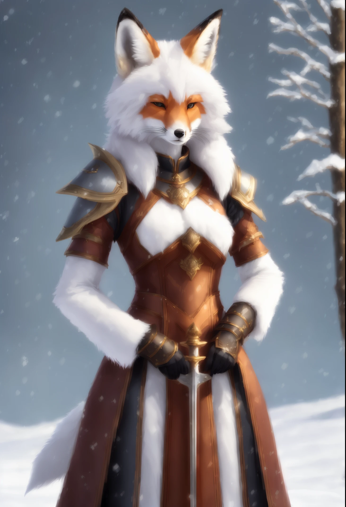 a fox with a sword stands in the snow, a beautiful fox lady, portrait of an anthro fox, art of silverfox, an anthro fox, furry fantasy art, very very beautiful furry art, anthro art, female fox, an anthropomorphic fox, an anthropomorphic fox, Armor dress, Inspired by Kitsune, fox girl