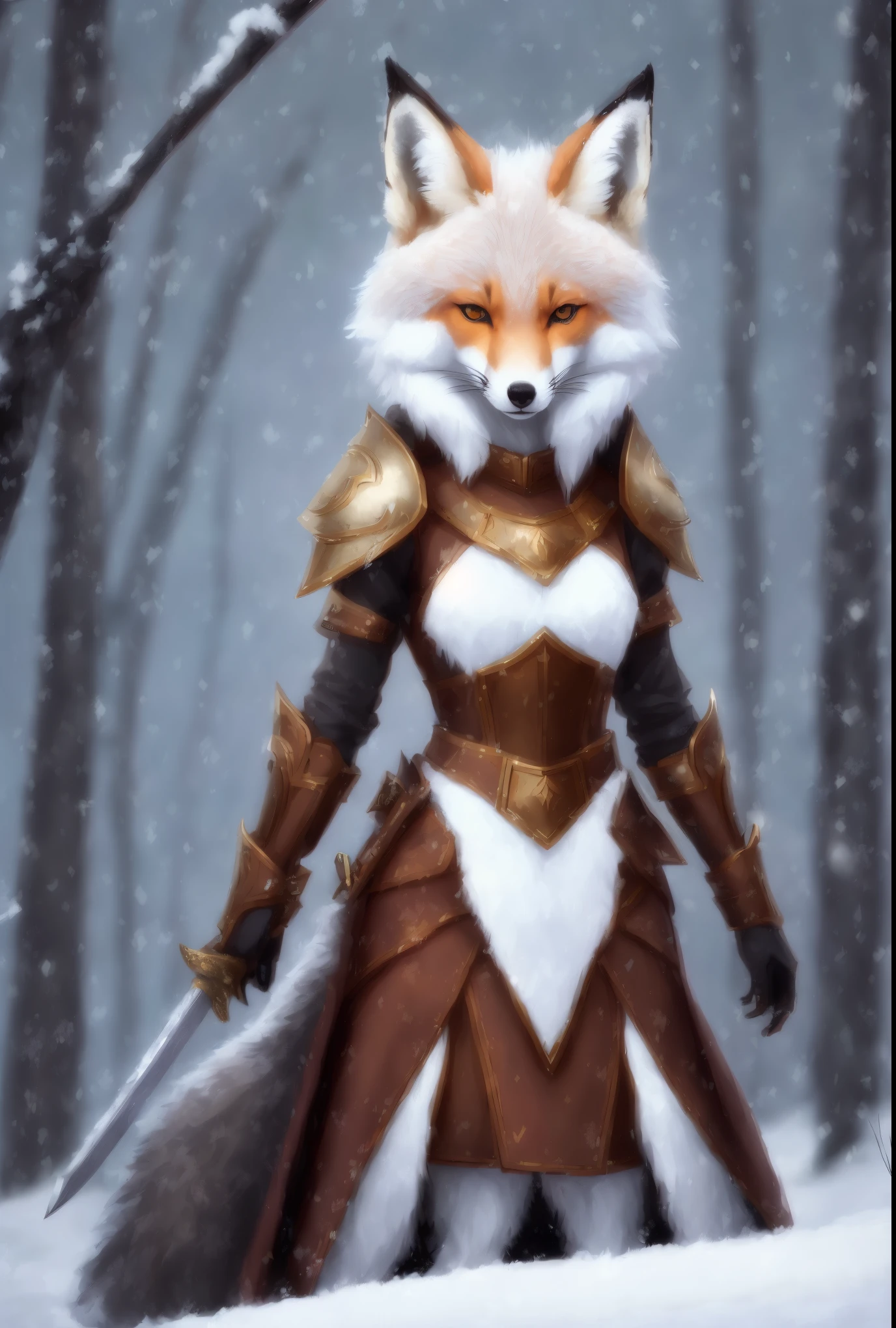 a fox with a sword stands in the snow, a beautiful fox lady, portrait of an anthro fox, art of silverfox, an anthro fox, furry fantasy art, very very beautiful furry art, anthro art, female fox, an anthropomorphic fox, an anthropomorphic fox, Armor dress, Inspired by Kitsune, fox girl