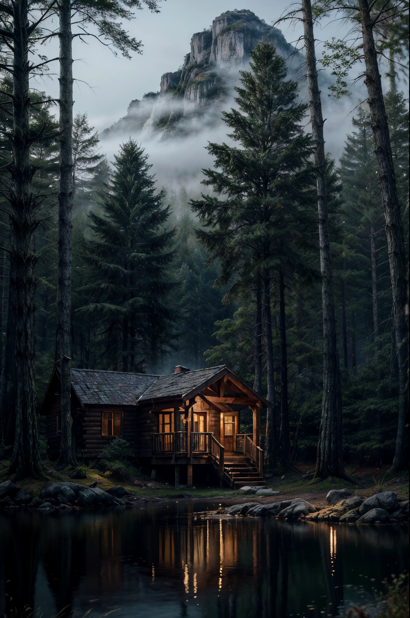 Create a tranquil lakeside cabin scene in a dense misty forest. The mood should be one of mystery and calm, with the cabin's lights softly glowing through the mist