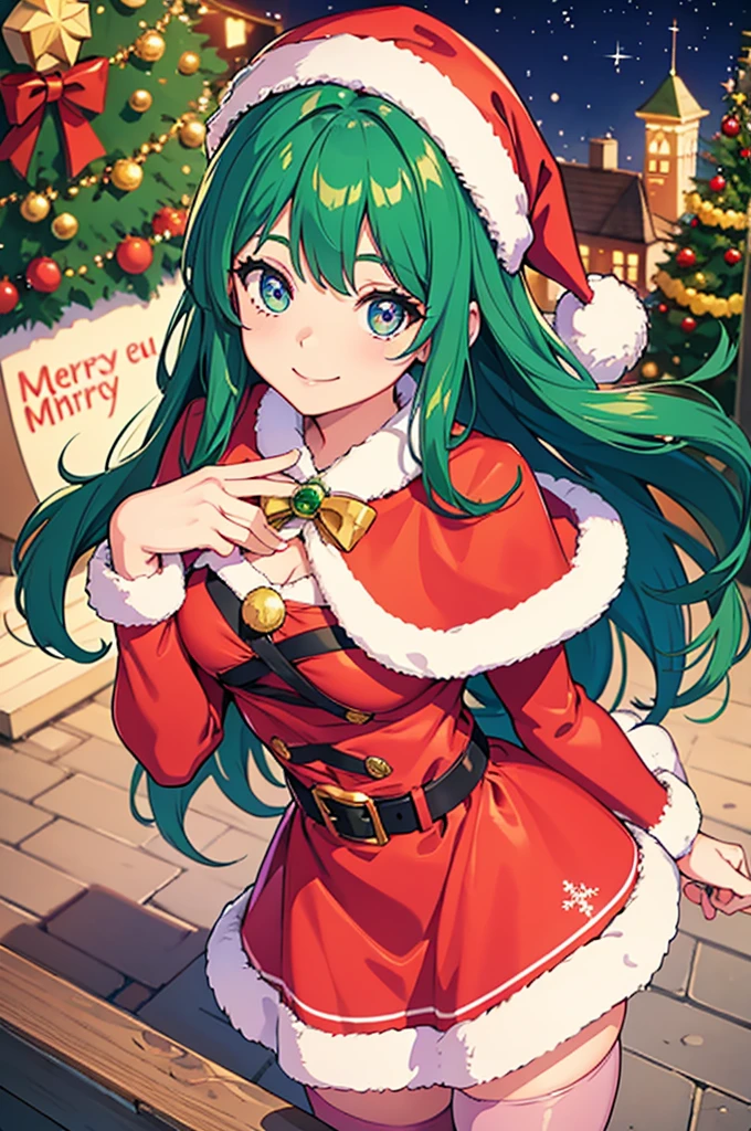 pretty eyes, slightly tight eyes, aerial photography, masterpiece, best quality, {{masterpiece}}, {best quality}, cute girl, {solo}, Christmas tree, Santa dress, Santa cape, city, town, glitter effect , beautiful green hair, beautiful pink eyes, tights, smile,