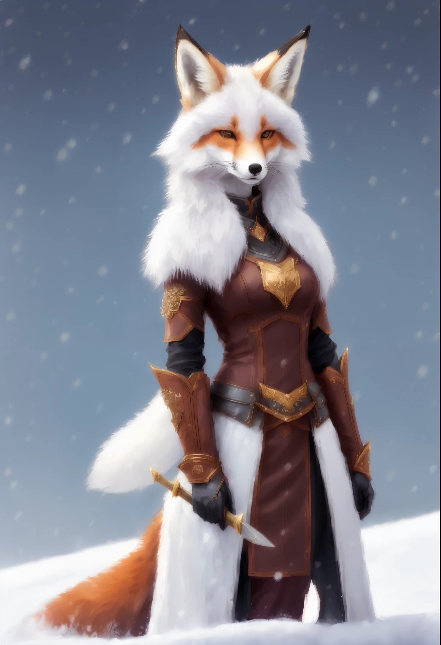 a fox with a sword stands in the snow, a beautiful fox lady, portrait of an anthro fox, art of silverfox, an anthro fox, furry fantasy art, very very beautiful furry art, anthro art, female fox, an anthropomorphic fox, an anthropomorphic fox, Armor dress, Inspired by Kitsune, fox girl