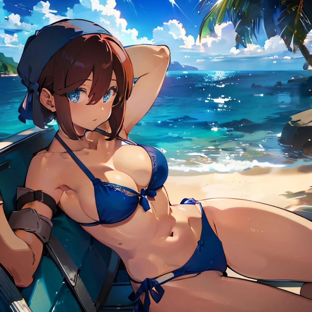 1girl, blue bandana, brown hair, short hair, blue eyes, posing in a blue bikini with her arms up, breasts, cleavage, thighs, beach,