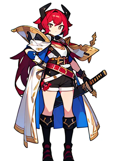 (((8k,Best Quality)), Masterpiece, girl, holding sword, gloves, looking at viewer, variety of hairstyles, solo, white cloth, full body, white background, belt, shorts,
