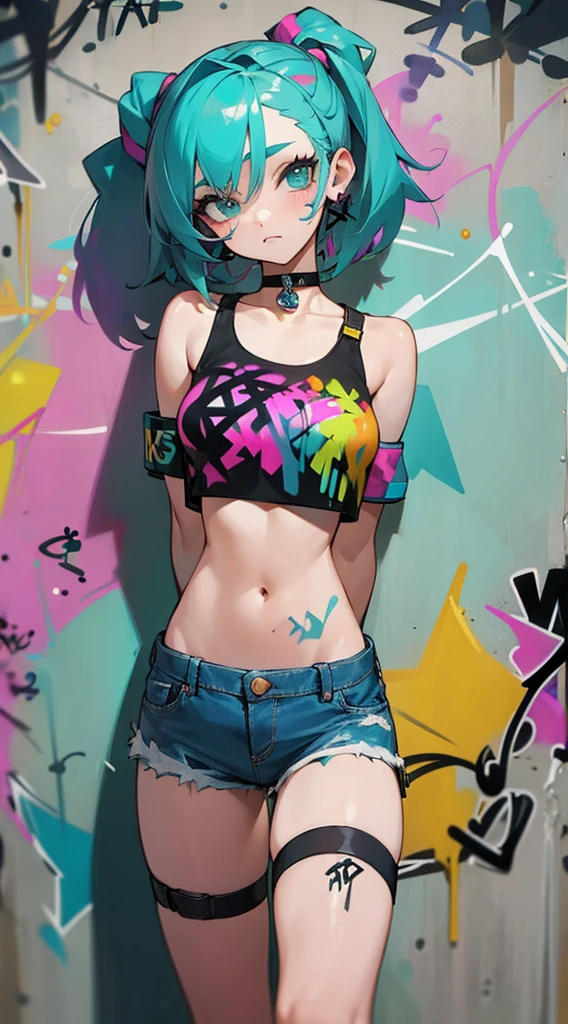 masterpiece, best quality, 1girl, solo, crop top, denim shorts, choker, (graffiti:1.5), paint splatter, arms behind back, against wall, looking at viewer, armband, thigh strap, paint on body, head tilt, bored, multicolored hair, aqua eyes, headset,