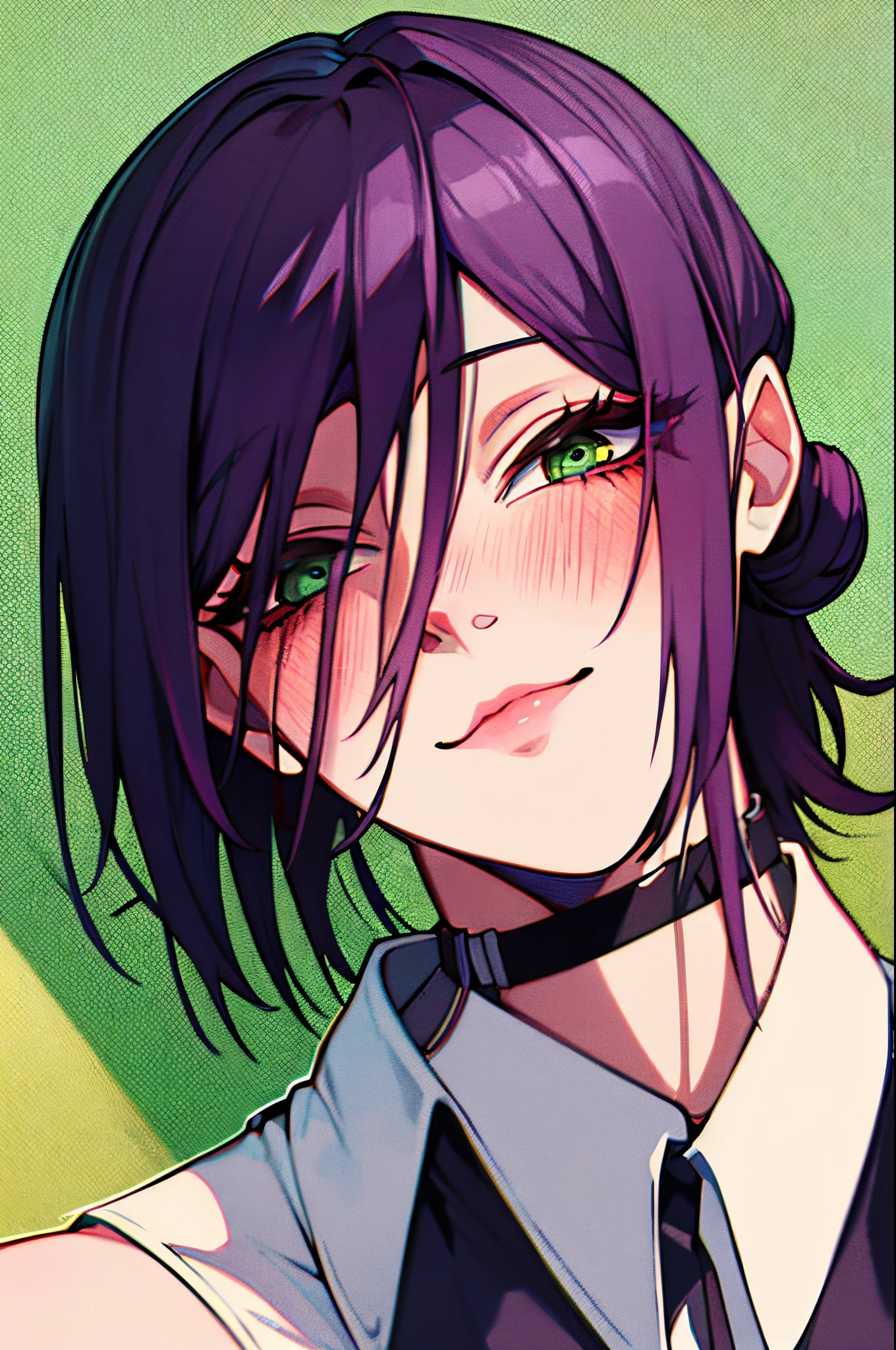 (RAW photo, best quality), masterpiece, an extremely delicate and beautiful, extremely detailed, CG, unity , 2k wallpaper, Amazing, finely detail, light smile, extremely detailed CG unity 8k wallpaper, huge filesize, ultra-detailed, highres, absurdres, soft light, Reze, art style, 1girl, solo, green eyes, choker, hair between eyes, multicolor hair, purple hair, black hair, hair bun, short hair, white shirt, collared shirt, blush, sleeveless, ribbon, black shorts,