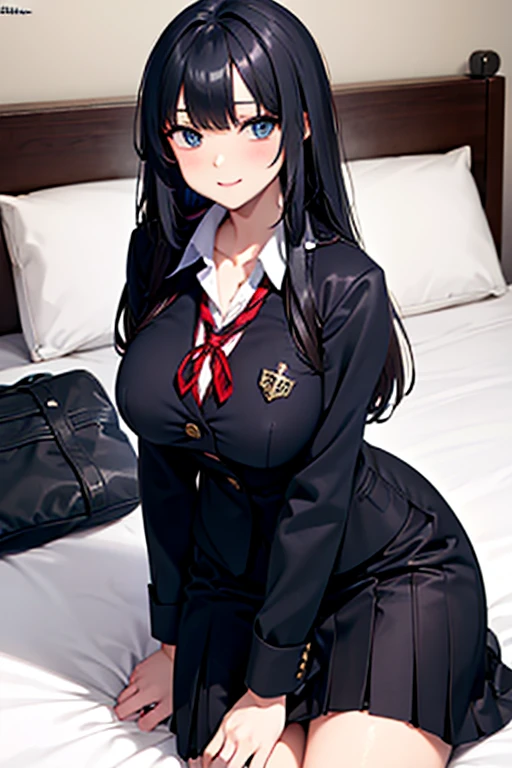 black hair, School Uniform ,busty, buxom, curvy, voluptuous, bed