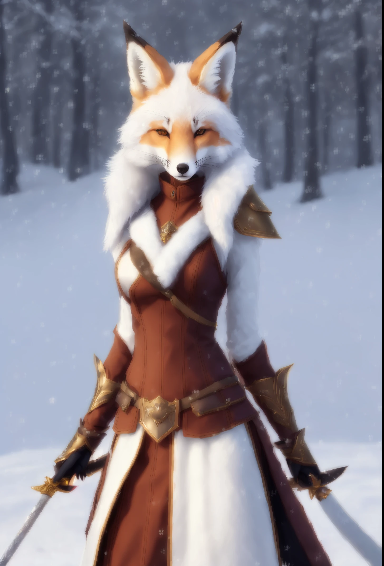 a fox with a sword stands in the snow, a beautiful fox lady, portrait of an anthro fox, art of silverfox, an anthro fox, furry fantasy art, very very beautiful furry art, anthro art, female fox, an anthropomorphic fox, an anthropomorphic fox, Armor dress, Inspired by Kitsune, fox girl