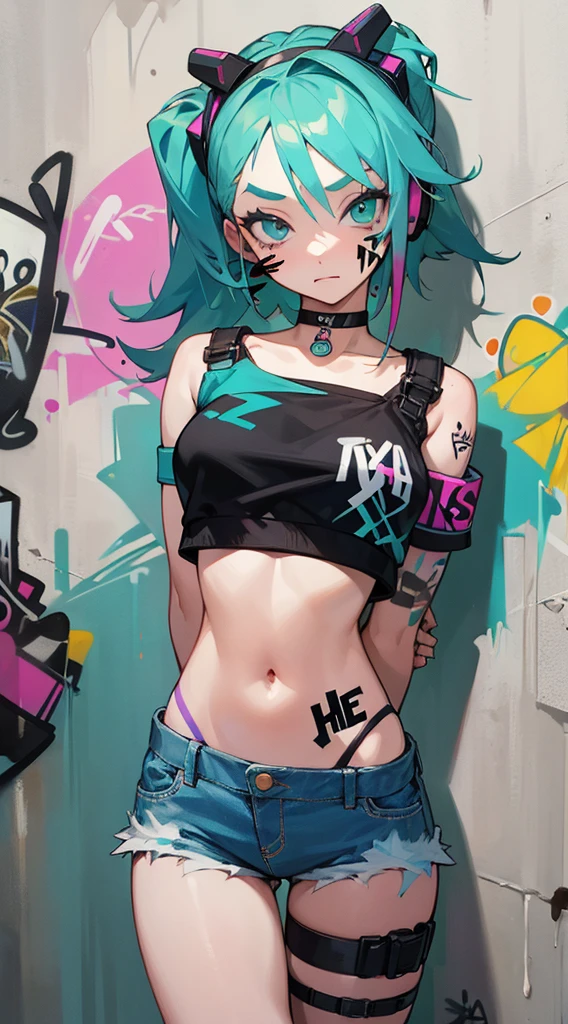 masterpiece, best quality, 1girl, solo, crop top, denim shorts, choker, (graffiti:1.5), paint splatter, arms behind back, against wall, looking at viewer, armband, thigh strap, paint on body, head tilt, bored, multicolored hair, aqua eyes, headset,